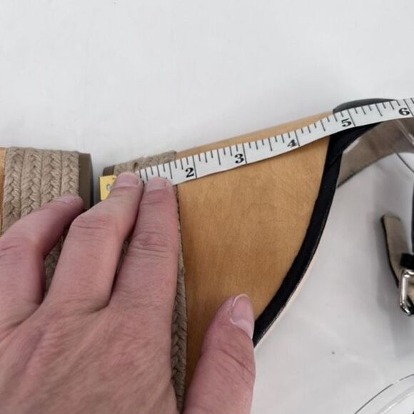 Coach Gala Black Leather Wedges Espadrille Wood Size 10 Peep toe T Strap Sandals - Picture 5 of 12